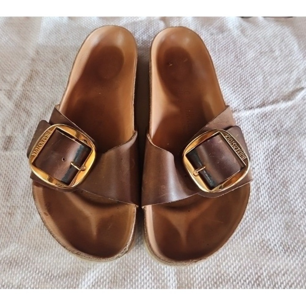 Birkenstock Madrid Big Buckle Cognac Oiled Leather Slides Brown EU 40 US 9-9.5